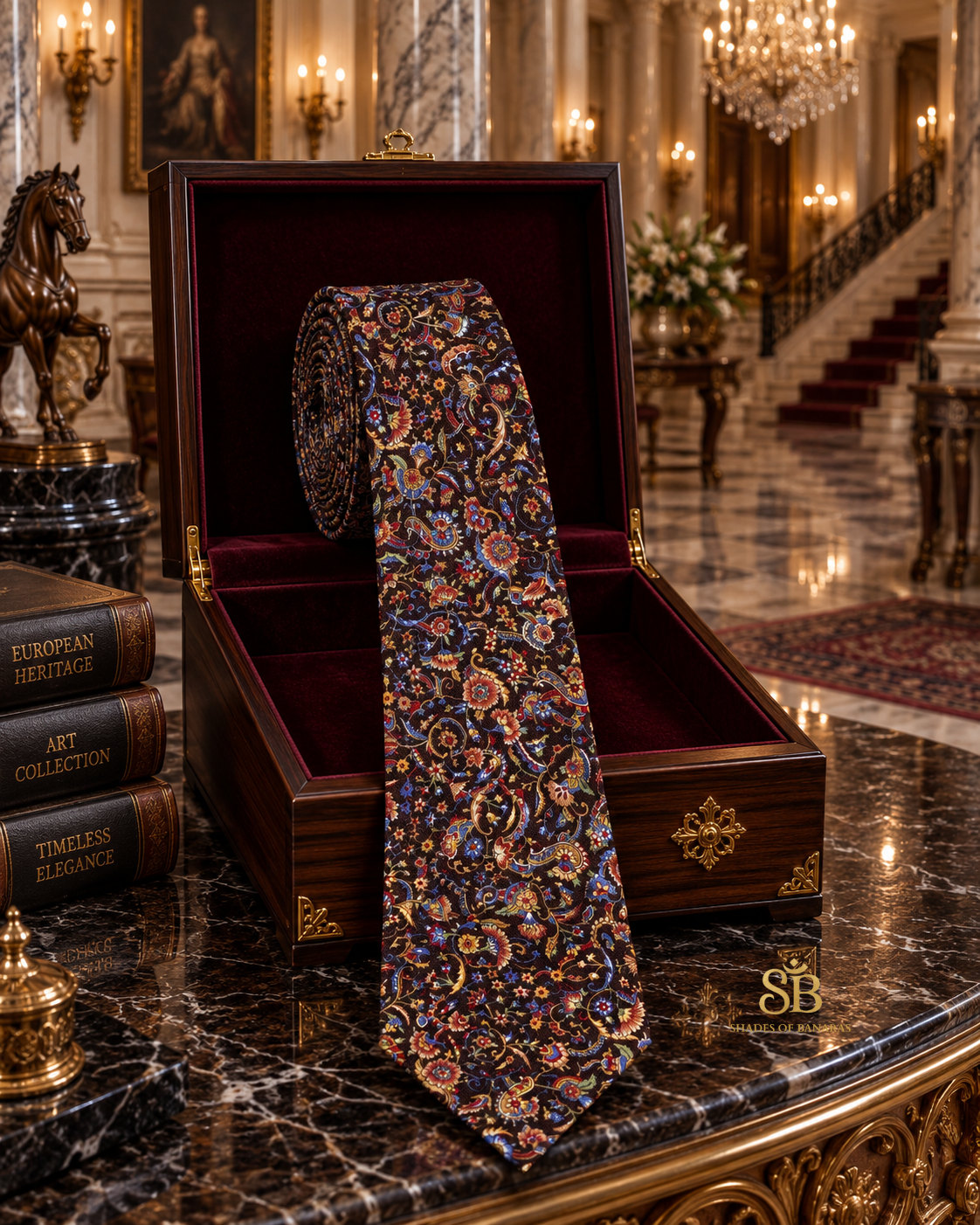 Brown pure silk Banarasi handloom necktie with hand printed floral paisley design - Shades of Banaras