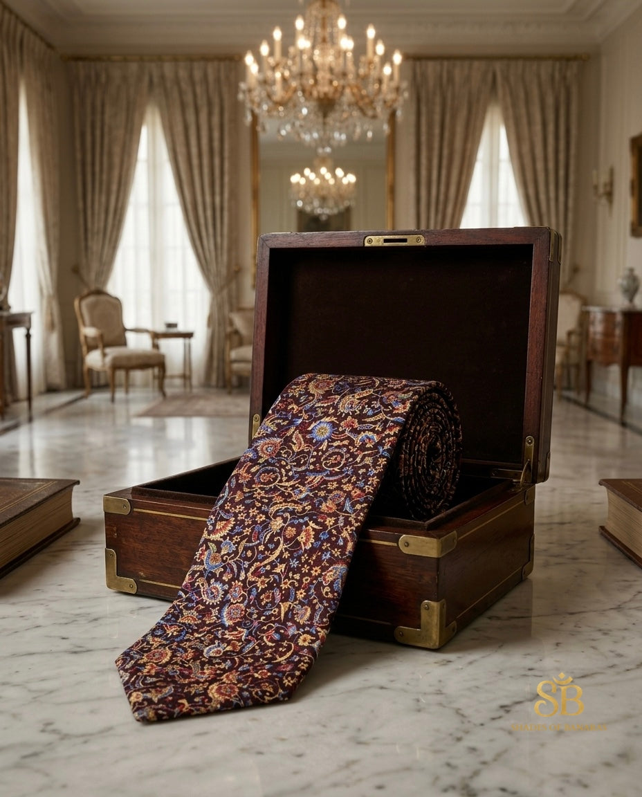 Brown pure silk Banarasi handloom necktie with hand printed floral paisley design - Shades of Banaras