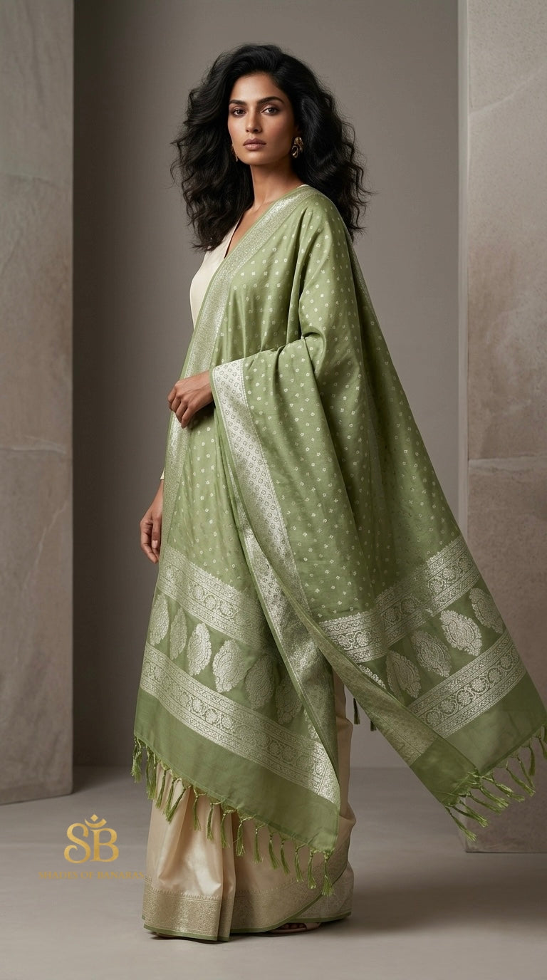 Celadon Pastel Green Luxe Handloom Banarasi Katan Silk Dupatta - Shades of Banaras