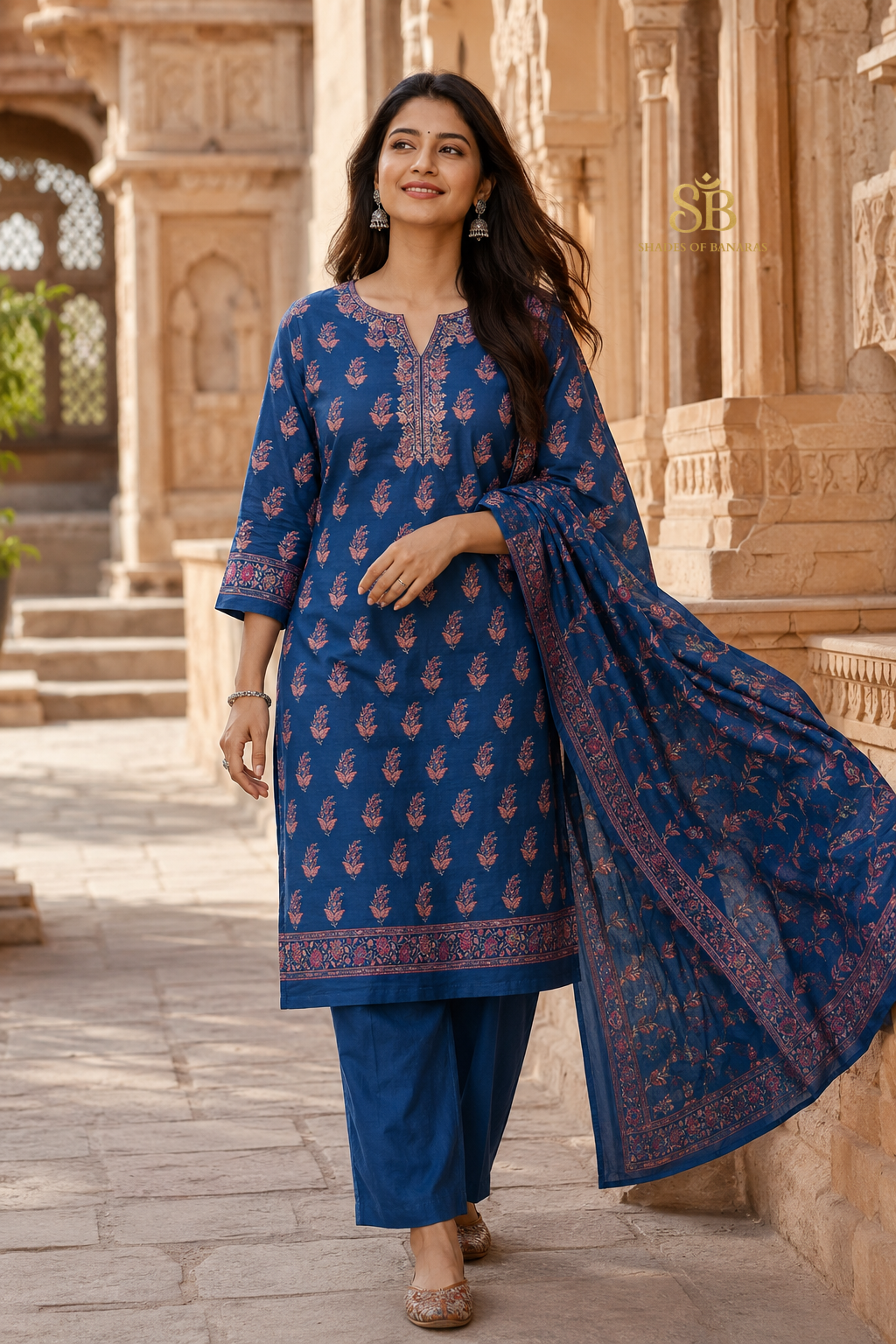 Majestic Cobalt Blue Pure Cotton Silk Banarasi Suit Set - Shades of Banaras