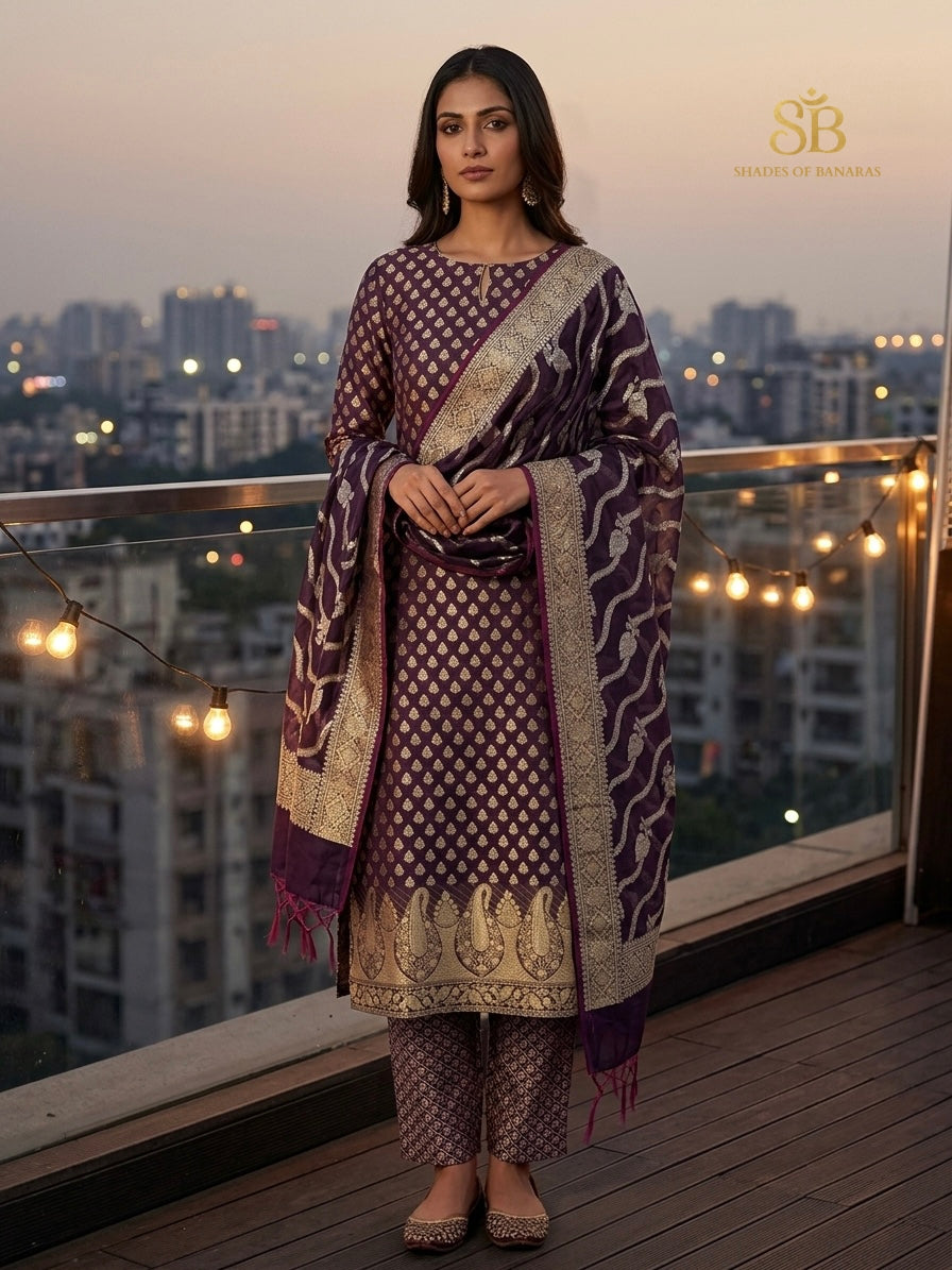 Deep Plum pure cotton silk Banarasi handloom unstitched suit set