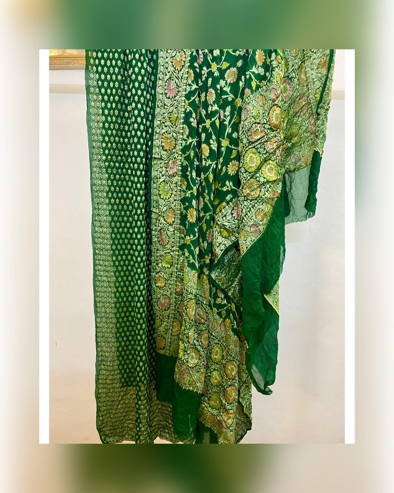 Elegant Hand Brush Dye Green 3 pcs Khaddi Georgette Banarasi Dress Material - Shades Of Benares