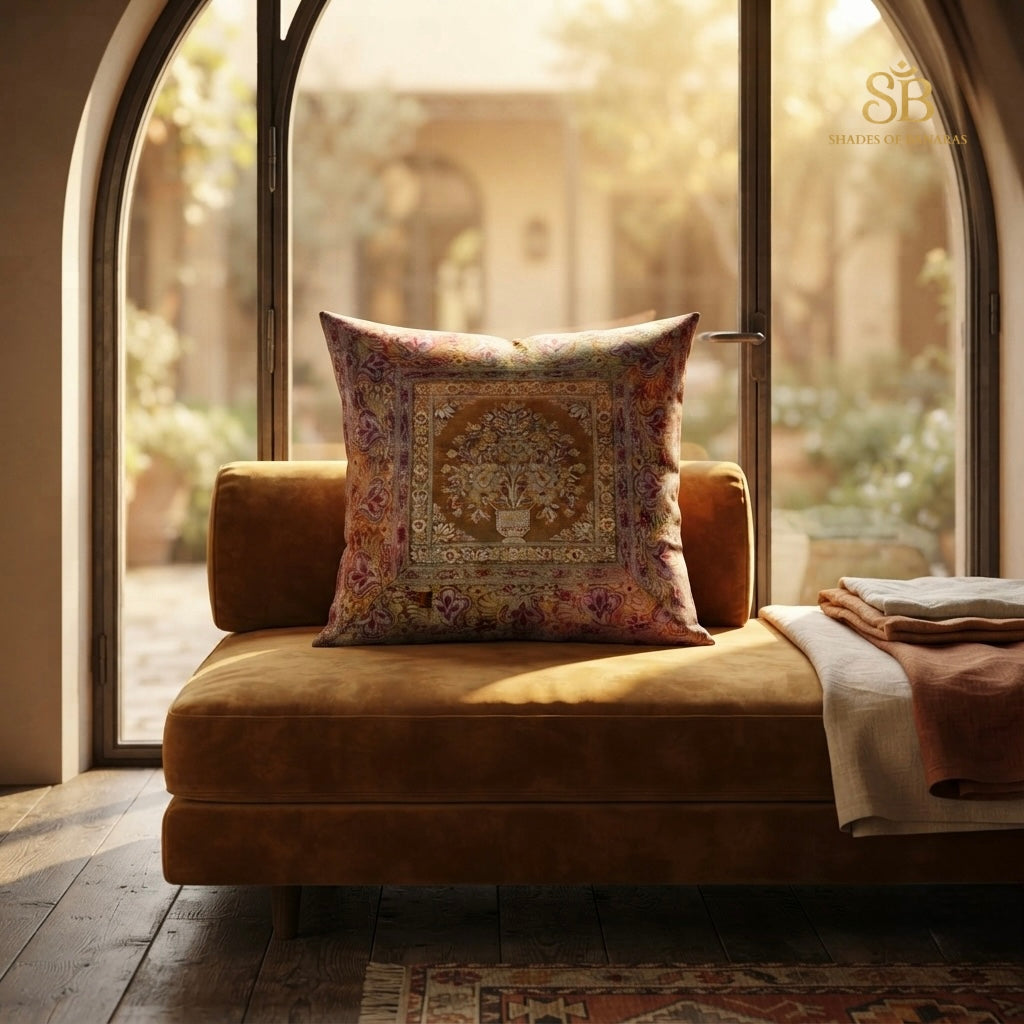 Multicolor brocade Banarasi cushion cover with floral urn medallion on a caramel velvet chaise