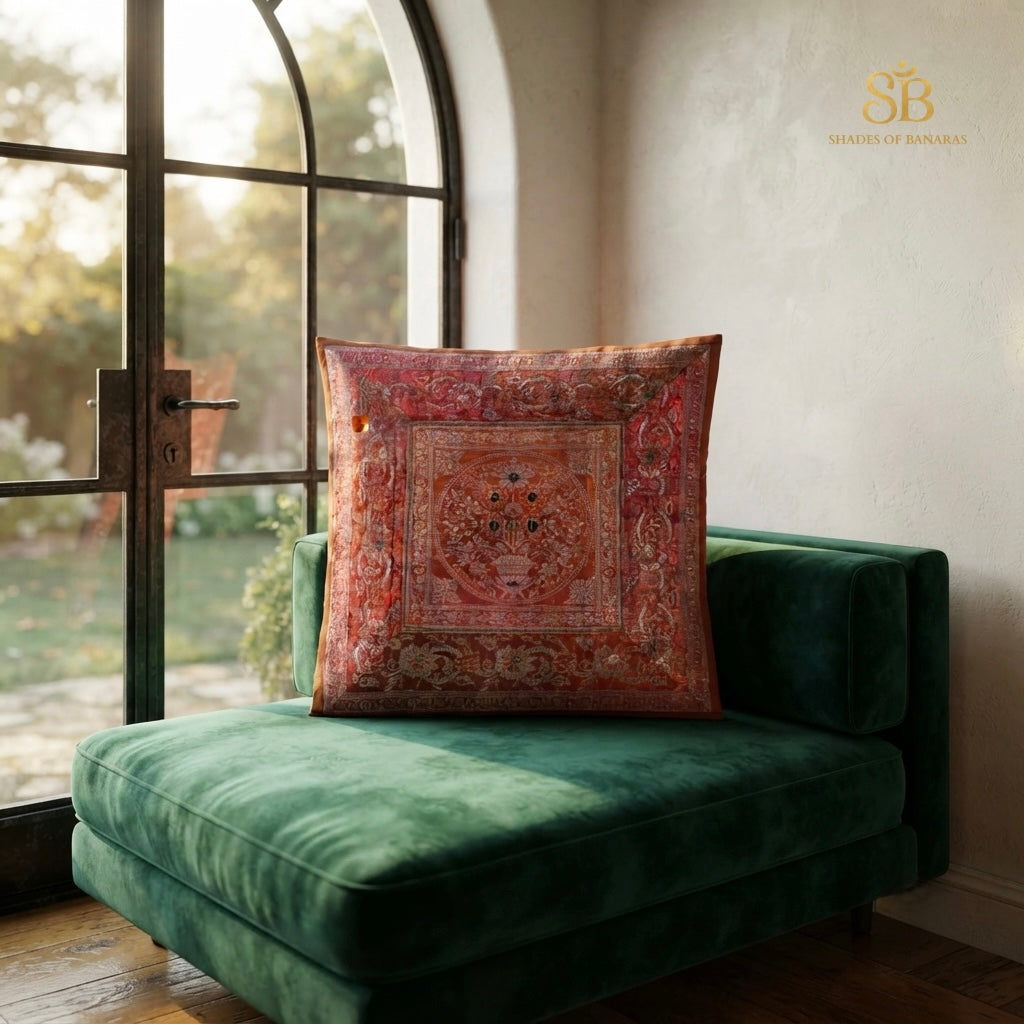 Red brocade Banarasi cushion cover with floral rosette medallion on a green velvet seat