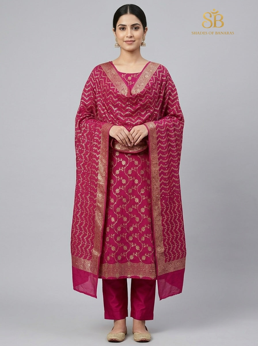 Radiant Fuchsia Pink Pure Cotton Silk Banarasi Suit Set - Shades of Banaras