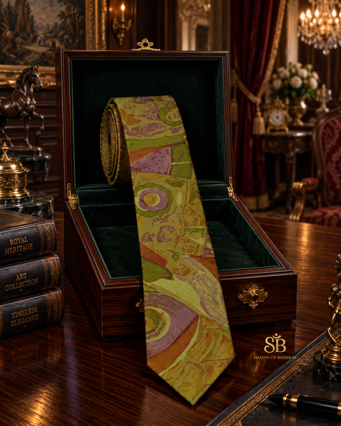 Green pure silk Banarasi handloom necktie with hand printed abstract bloom design - Shades of Banaras