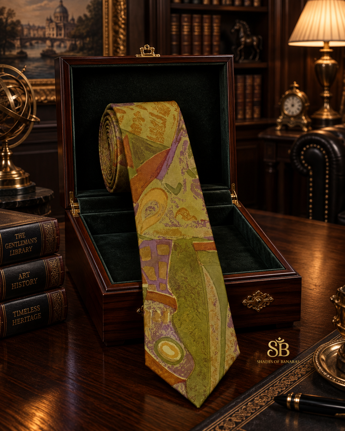 Green pure silk Banarasi handloom necktie with hand printed abstract geometric design - Shades of Banaras