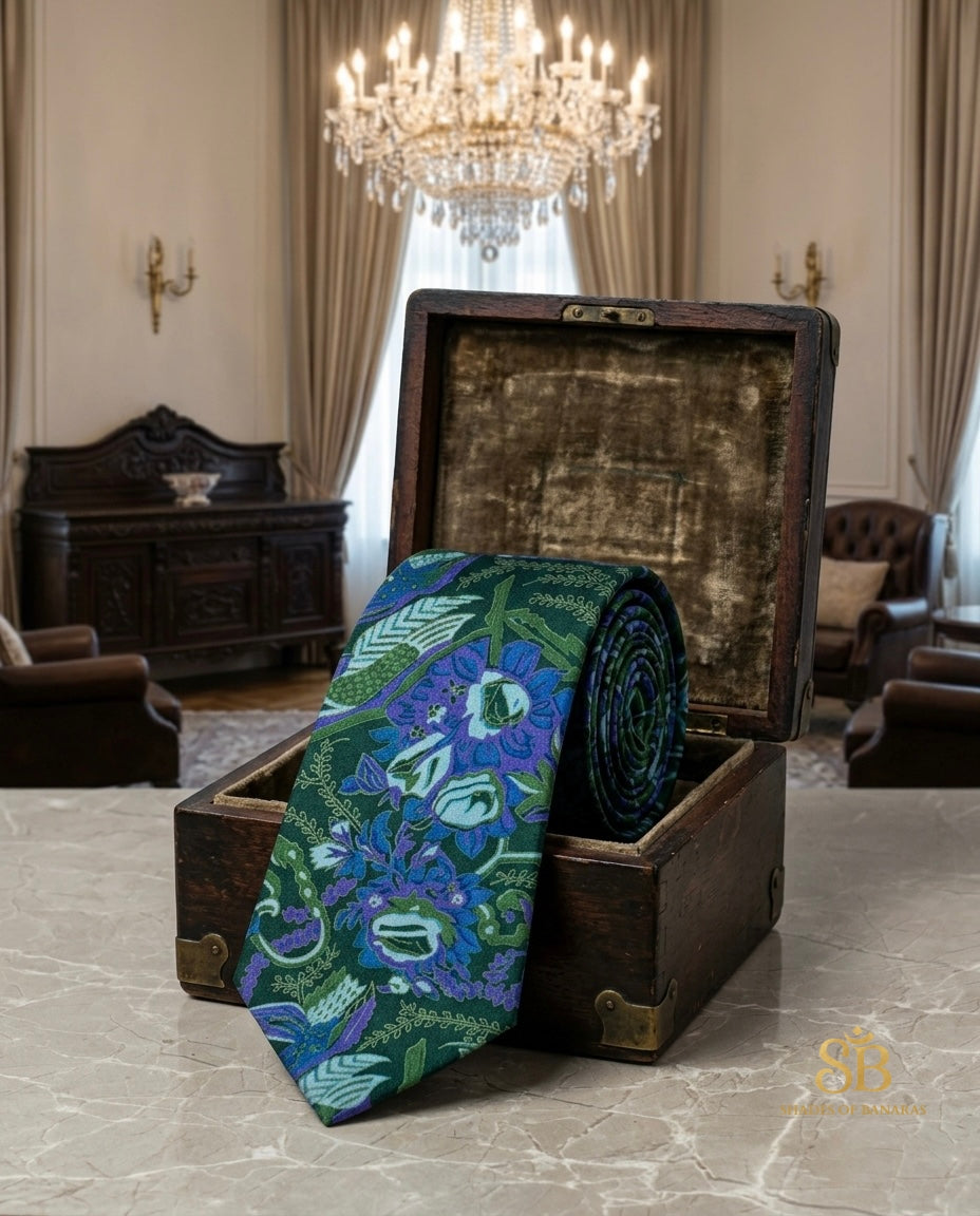 Green pure silk Banarasi handloom necktie with hand printed floral garden design - Shades of Banaras