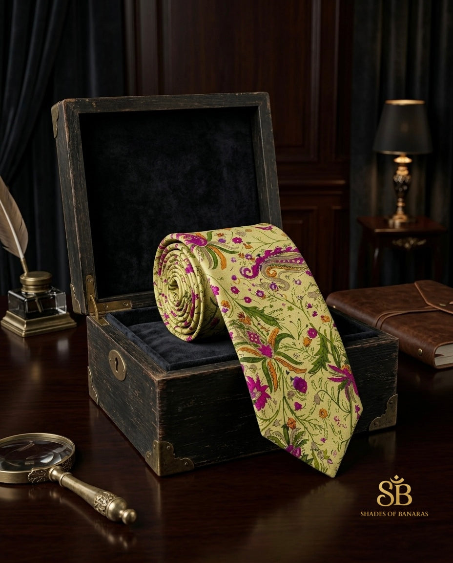 Green pure silk Banarasi handloom necktie with hand printed floral trail design - Shades of Banaras