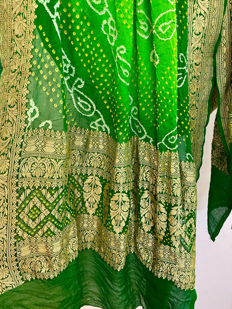 Green Pure Khaddi Georgette Bandhani Dupatta - Shades Of Benares