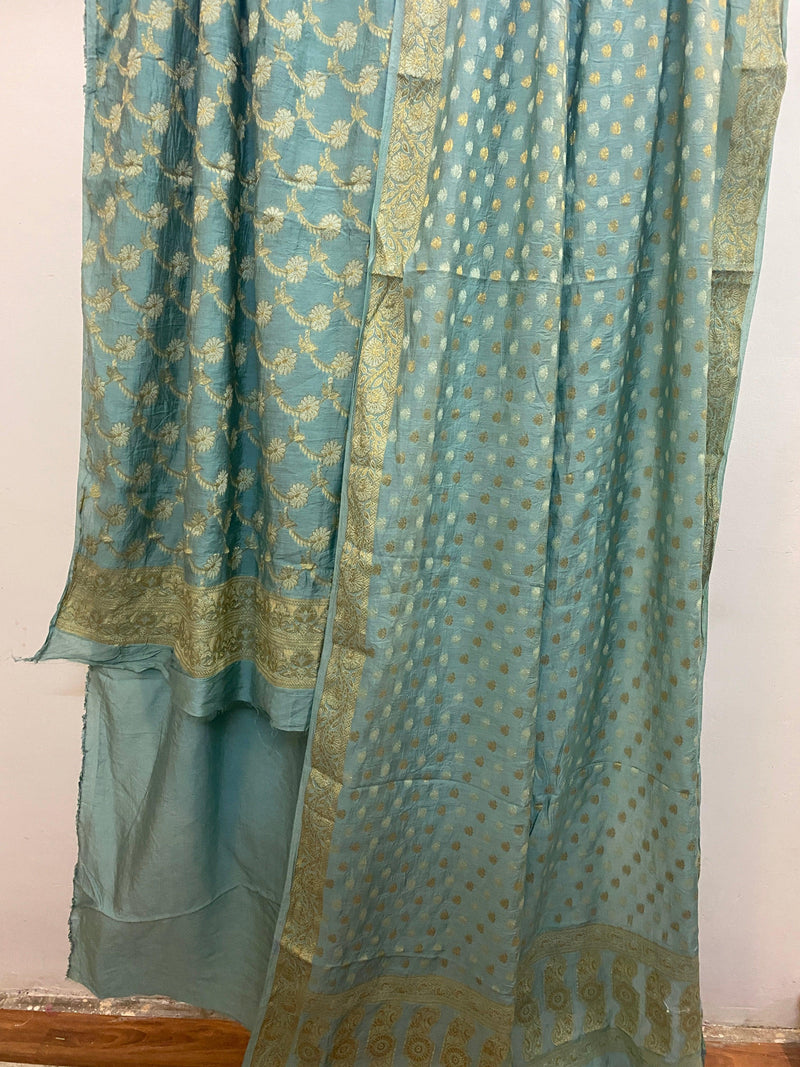 Grey Banarasi cotton silk handloom 3 pcs suit set - Shades Of Benares