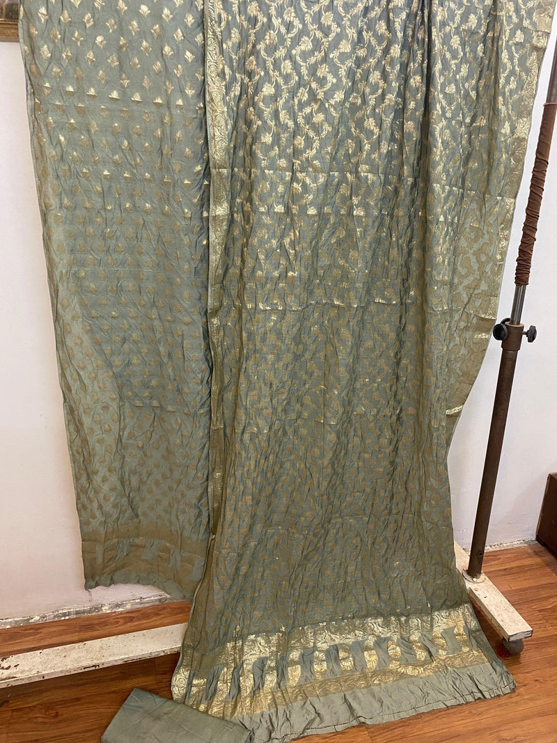 Grey Handwoven Cotton Silk 3 pcs Dress Material - Shades Of Benares
