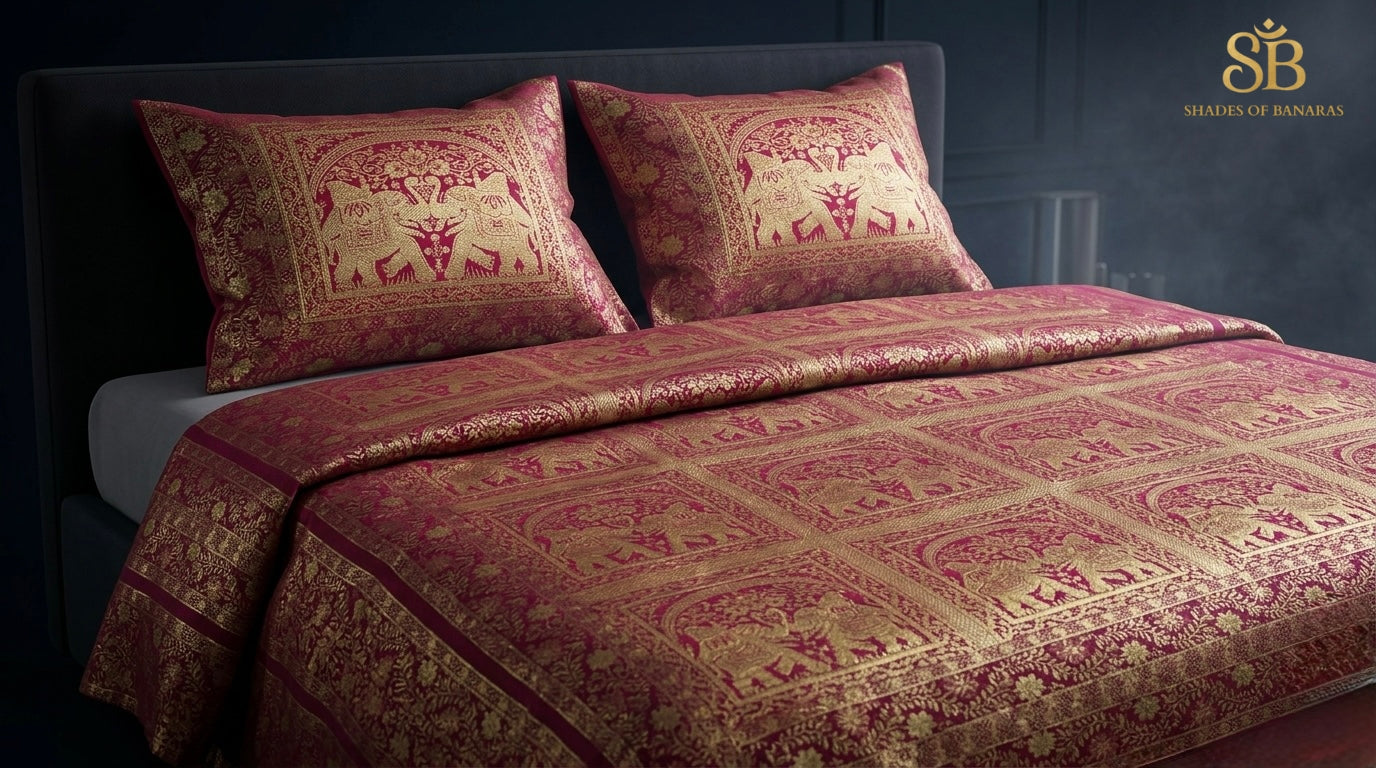 Imperial Regal Maroon Luxe Handloom Banarasi Brocade Bedcover with Pillow Covers - Shades of Banaras