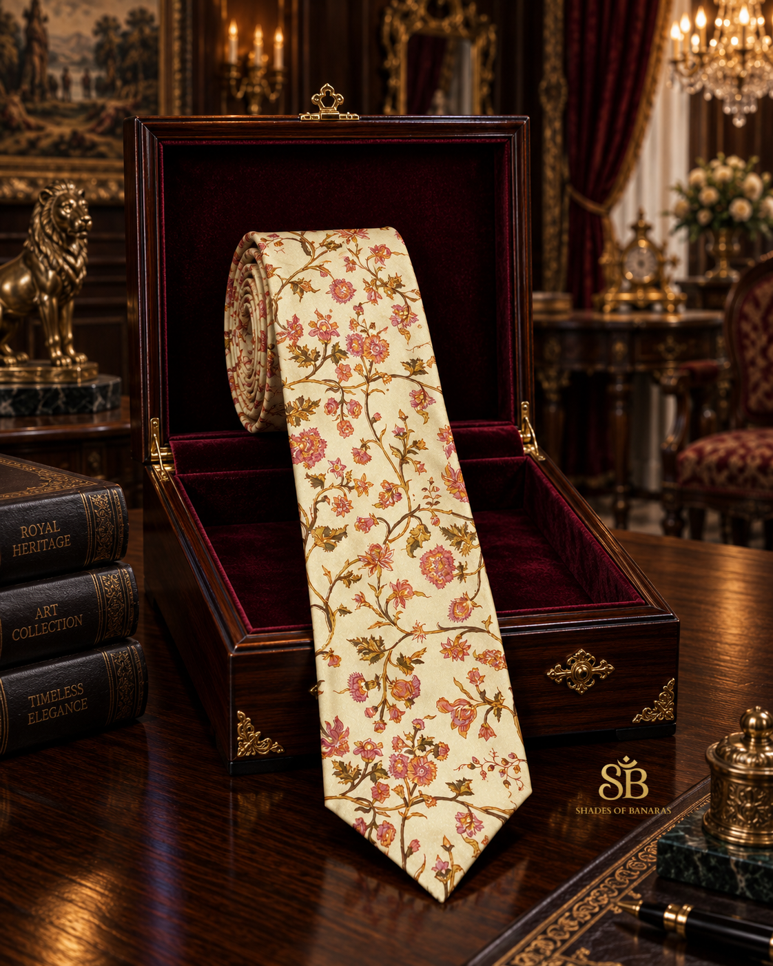 Ivory pure silk Banarasi handloom necktie with hand printed floral vine design - Shades of Banaras