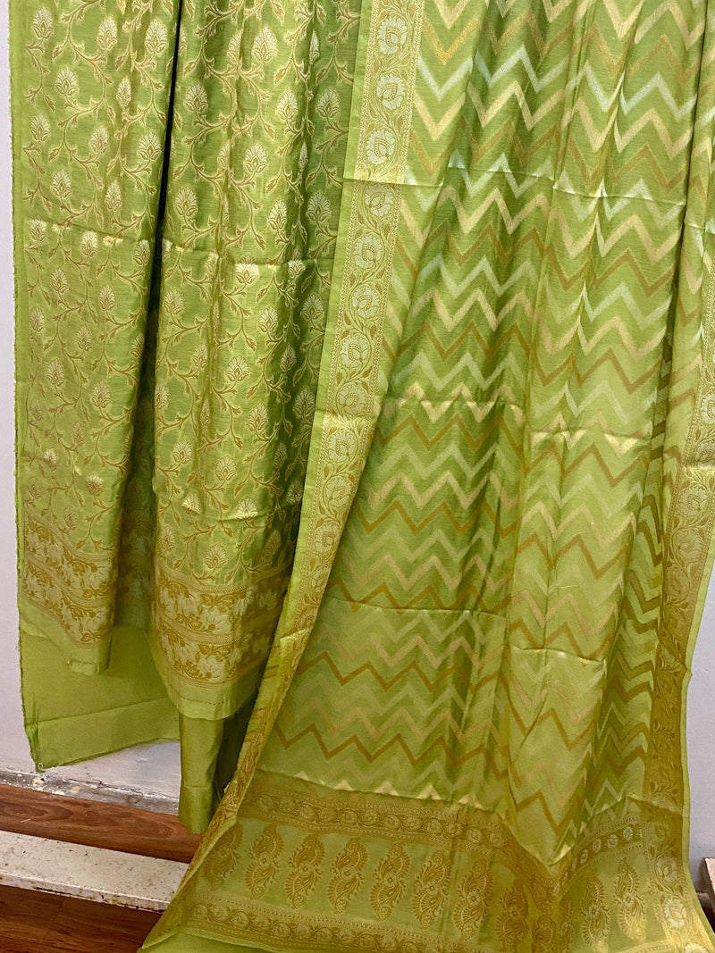 Light Green Banarasi cotton silk handloom 3 pcs suit set - Shades Of Benares