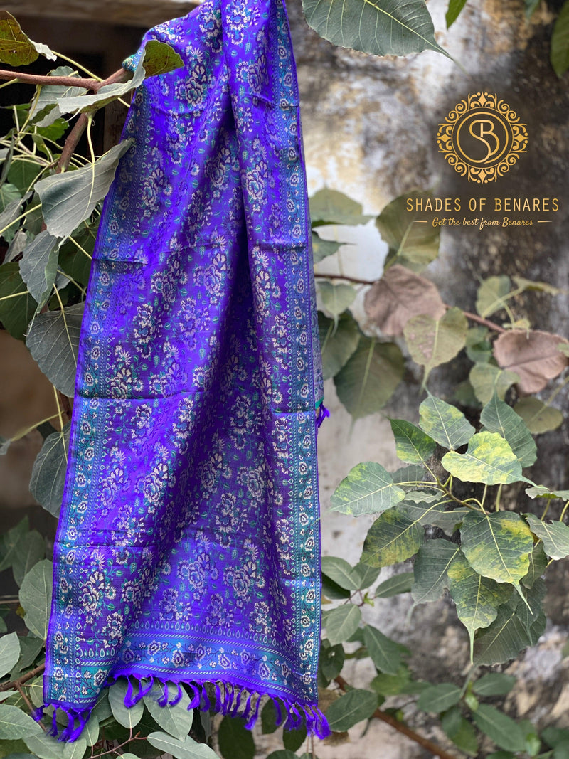Luxury Redefined: Purple Handloom Printed Banarasi Silk Scarf - Shades Of Benares