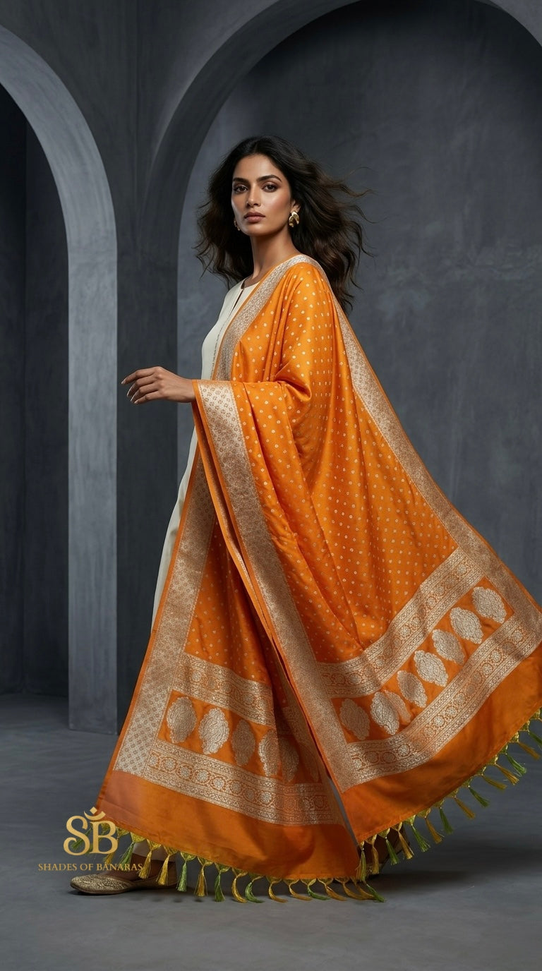 Marigold Royale Orange Couture Handloom Banarasi Katan Silk Dupatta - Shades of Banaras