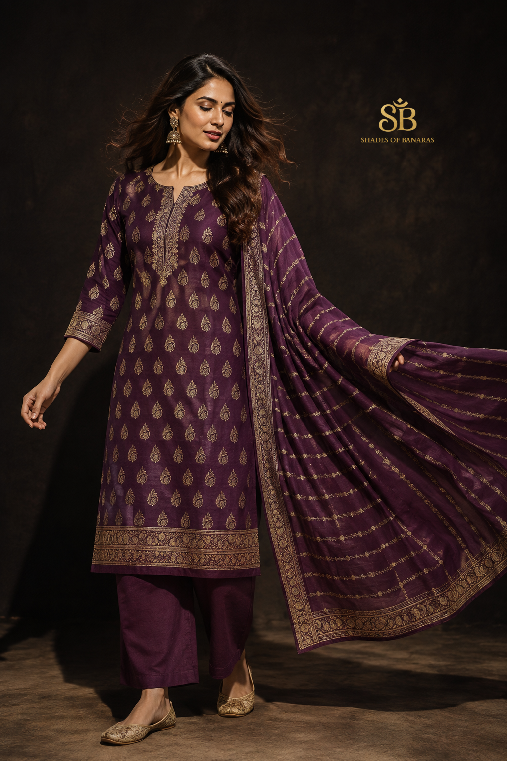 Deep Merlot Wine Pure Cotton Silk Banarasi Suit Set - Shades of Banaras