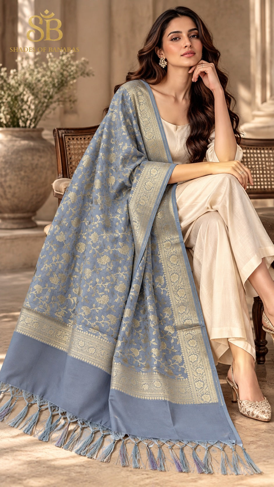 Misty powder blue katan soft silk Banarasi handloom dupatta with all-over cutwork jaal from Banaras, styled over a cream suit