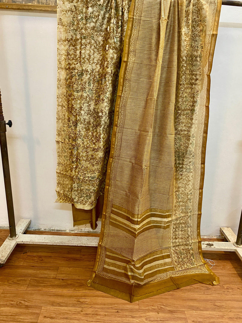 Mustard Banarasi Pure cotton handloom 3 pcs suit set - Shades Of Benares