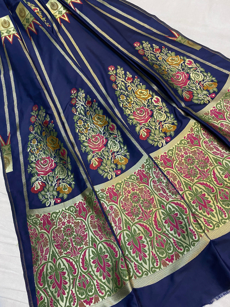 Navy Blue Banarasi Katan Silk Handloom Lehenga - Shades Of Benares