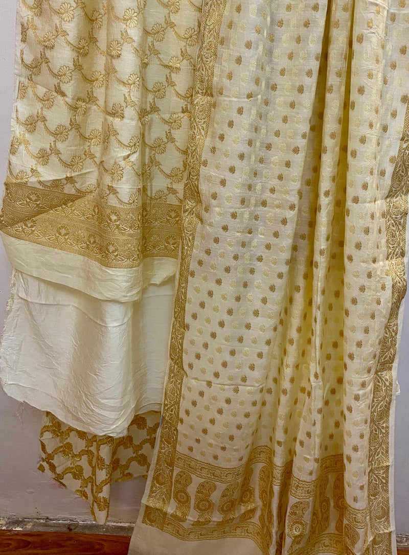 Off White Banarasi cotton silk handloom 3 pcs suit set - Shades Of Benares