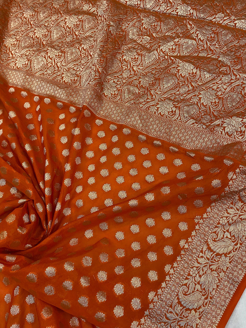 Orange Handloom Banarasi Cotton Silk Sari - Perfect for Party and Festive Wear - Shades Of Benares