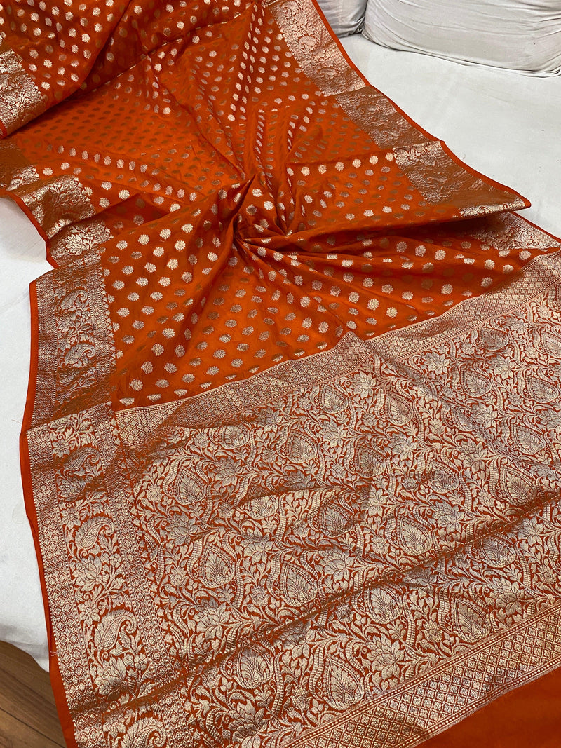 Orange Handloom Banarasi Cotton Silk Sari - Perfect for Party and Festive Wear - Shades Of Benares