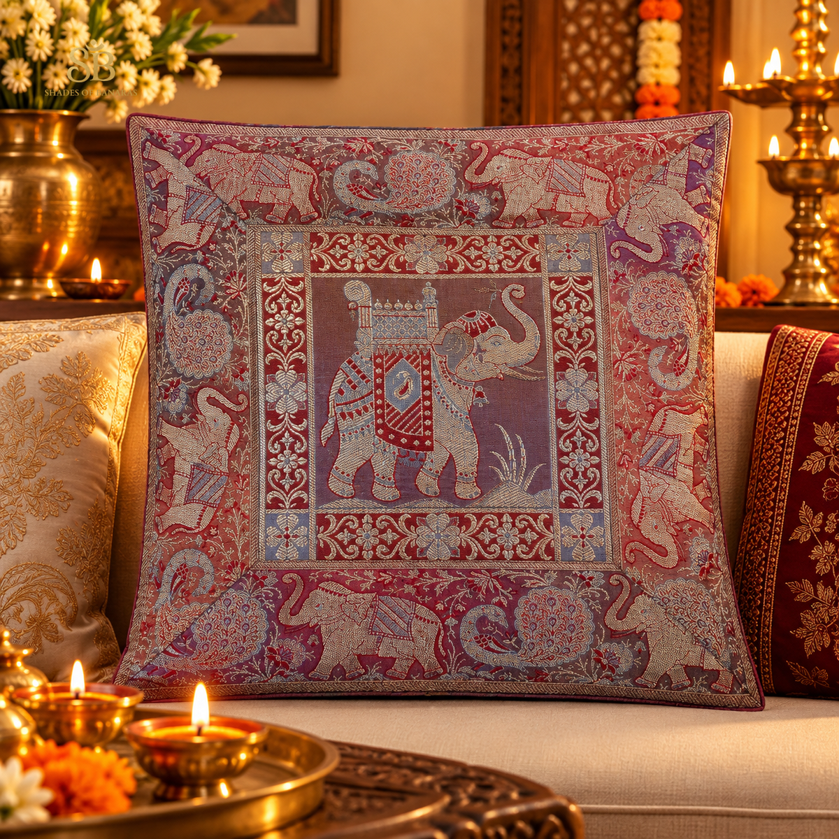 Maroon pure brocade Banarasi handloom cushion cover with elephant howdah motif from Banaras
