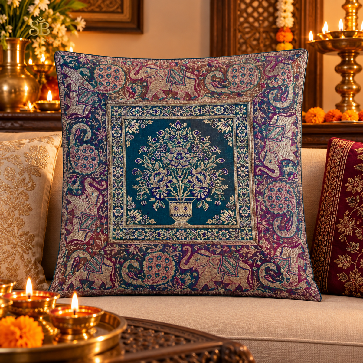Teal blue pure brocade Banarasi handloom cushion cover with floral vase motif from Varanasi