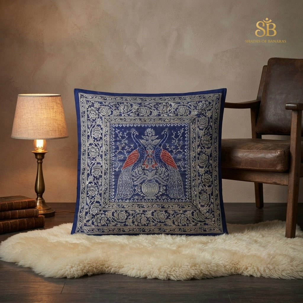 Sapphire blue pure brocade Banarasi handloom cushion cover with peacock pair motif from Varanasi