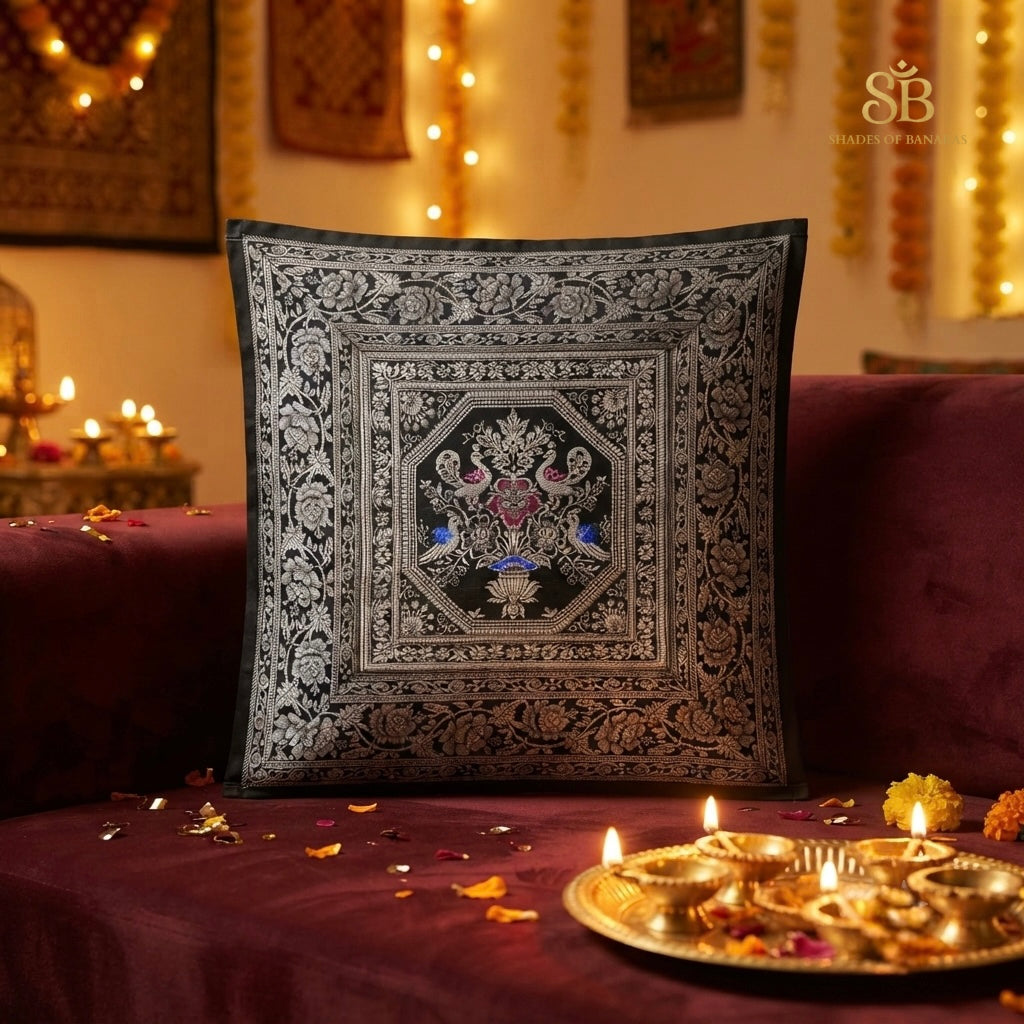 Black pure brocade Banarasi handloom cushion cover with silver zari octagon medallion for Diwali styling