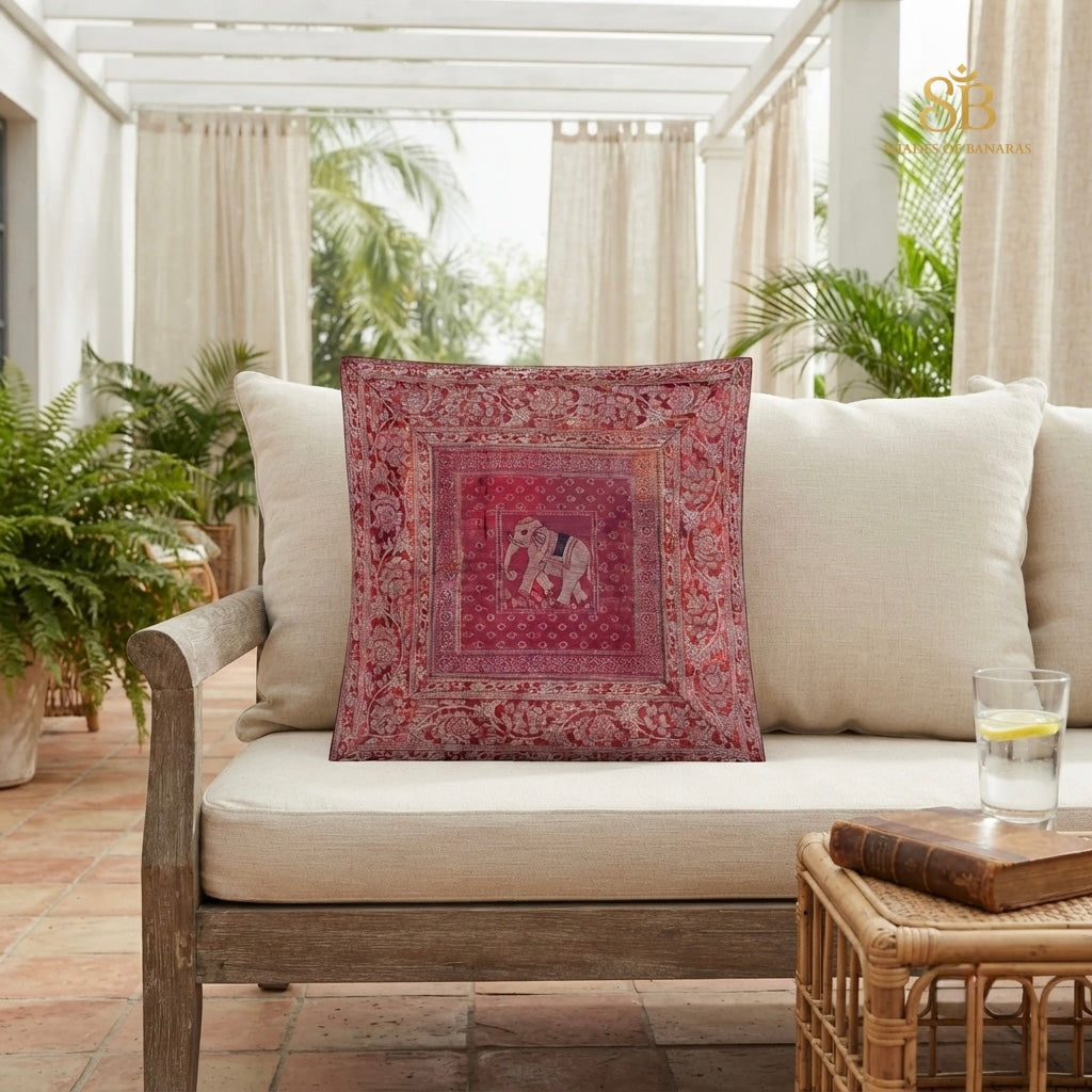 Red pure brocade Banarasi handloom cushion cover with single elephant motif from Banaras