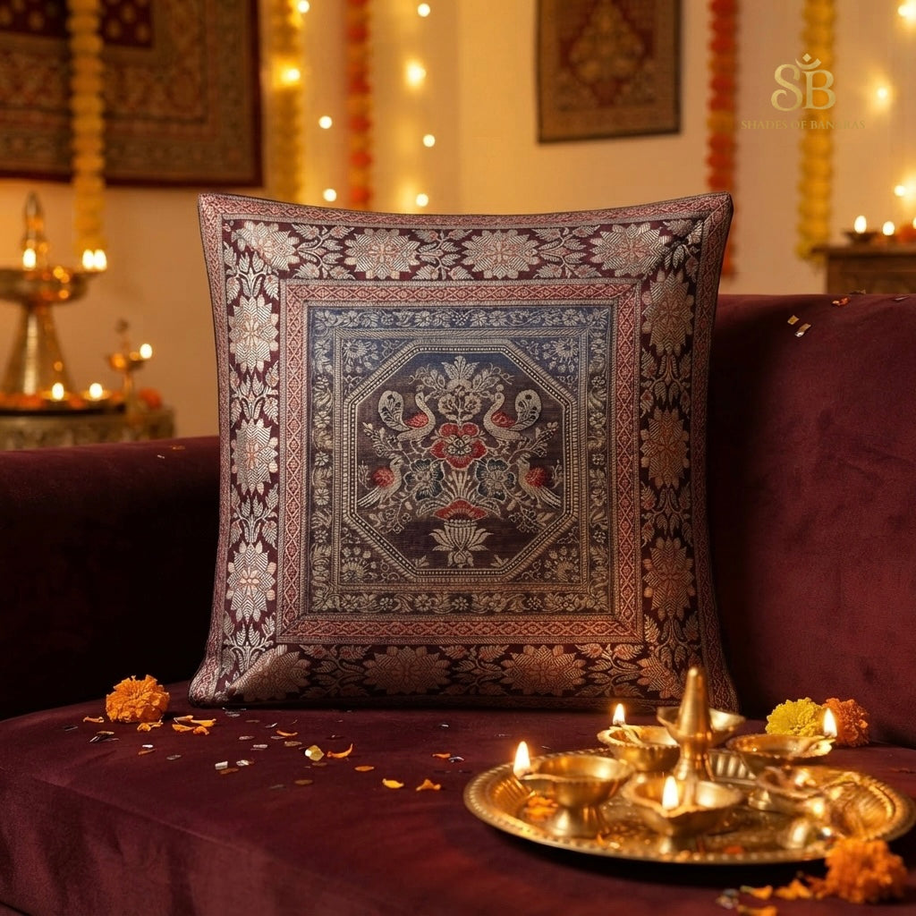 Maroon pure brocade Banarasi handloom cushion cover with octagon medallion for Diwali decor