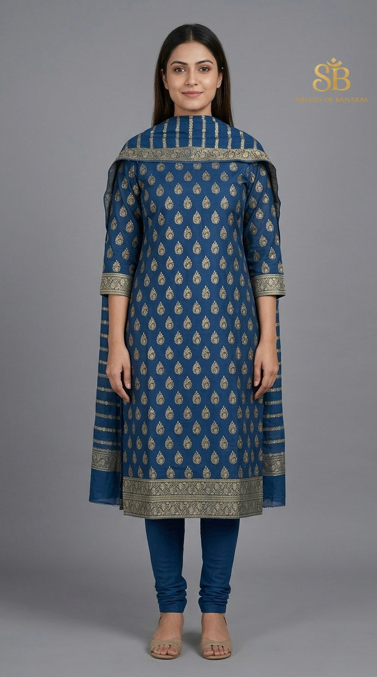 Peacock Petrol Blue Pure Cotton Silk Banarasi Suit Set - Shades of Banaras