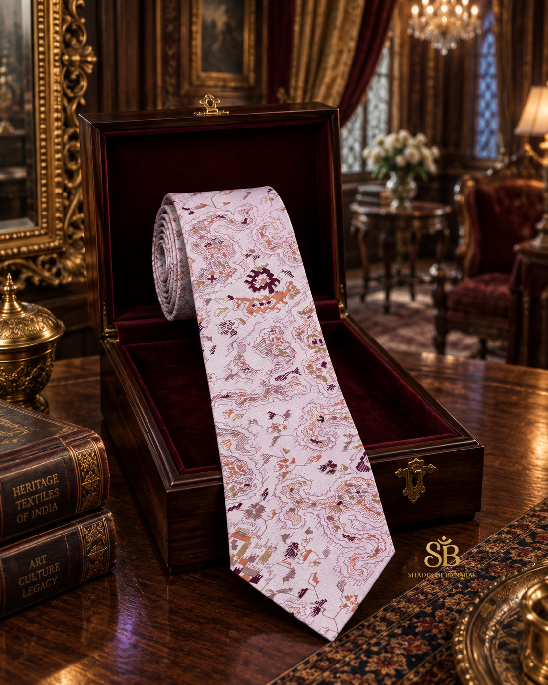 Pink pure silk Banarasi handloom necktie with hand printed abstract map motif design - Shades of Banaras