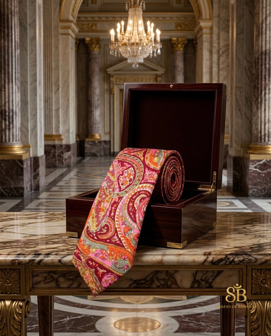 Pink pure silk Banarasi handloom necktie from Varanasi with hand printed paisley