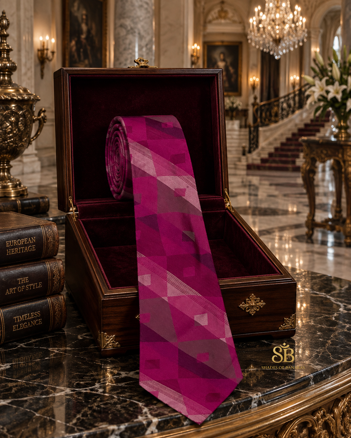Pink pure silk Banarasi handloom necktie with hand printed diamond plaid design - Shades of Banaras