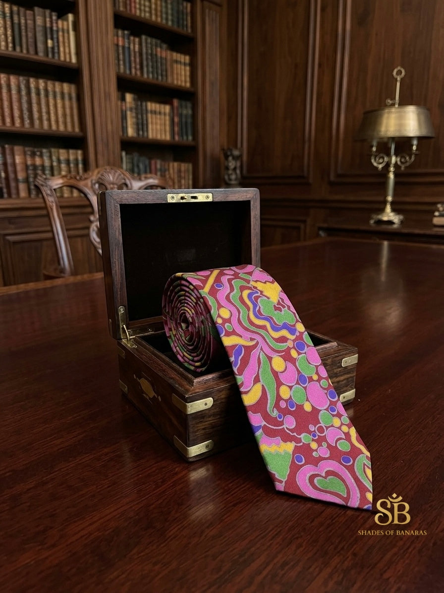 Pink pure silk Banarasi handloom necktie from Varanasi with hand printed swirl pattern