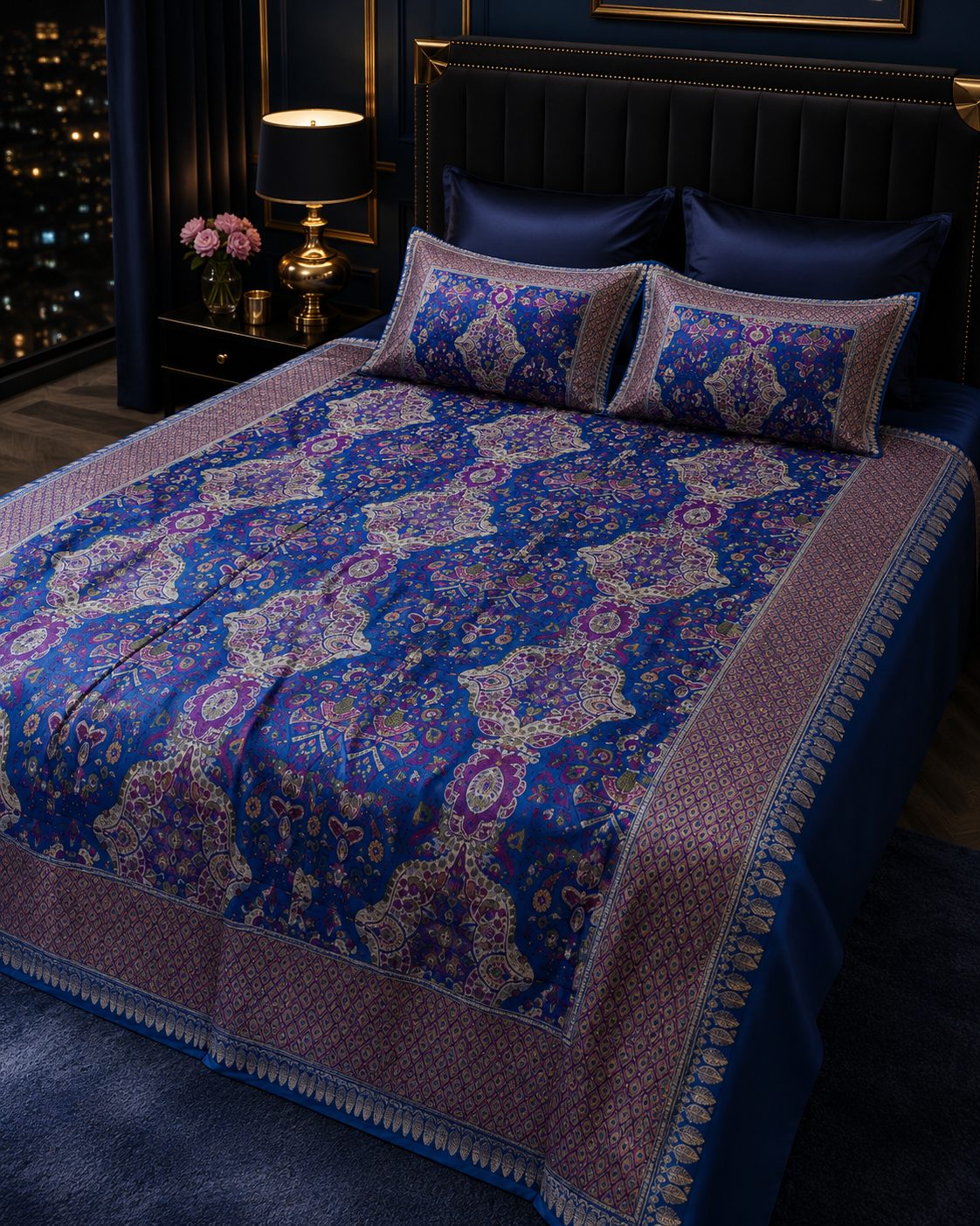 Royal Sapphire pure silk handloom Banarasi bedcover from Varanasi