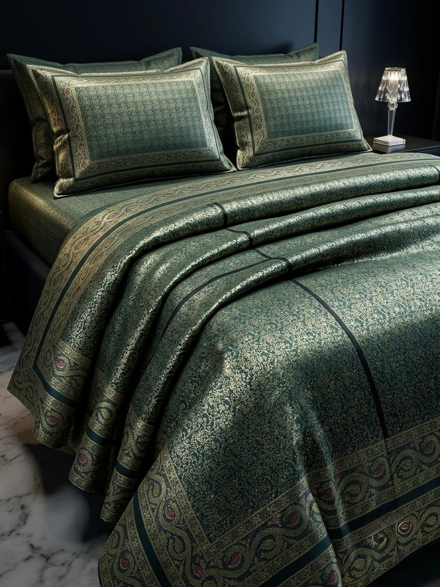 Emerald Green pure silk brocade handloom Banarasi bedcover from Varanasi