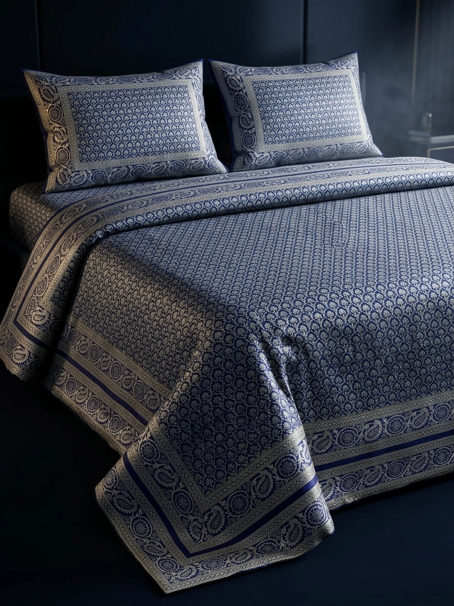 Sapphire Blue pure silk brocade handloom Banarasi bedcover from Varanasi