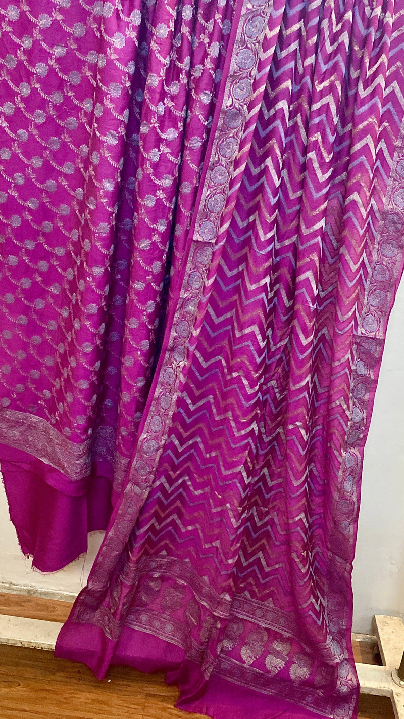 Purple Banarasi cotton silk handloom 3 pcs suit set - Shades Of Benares