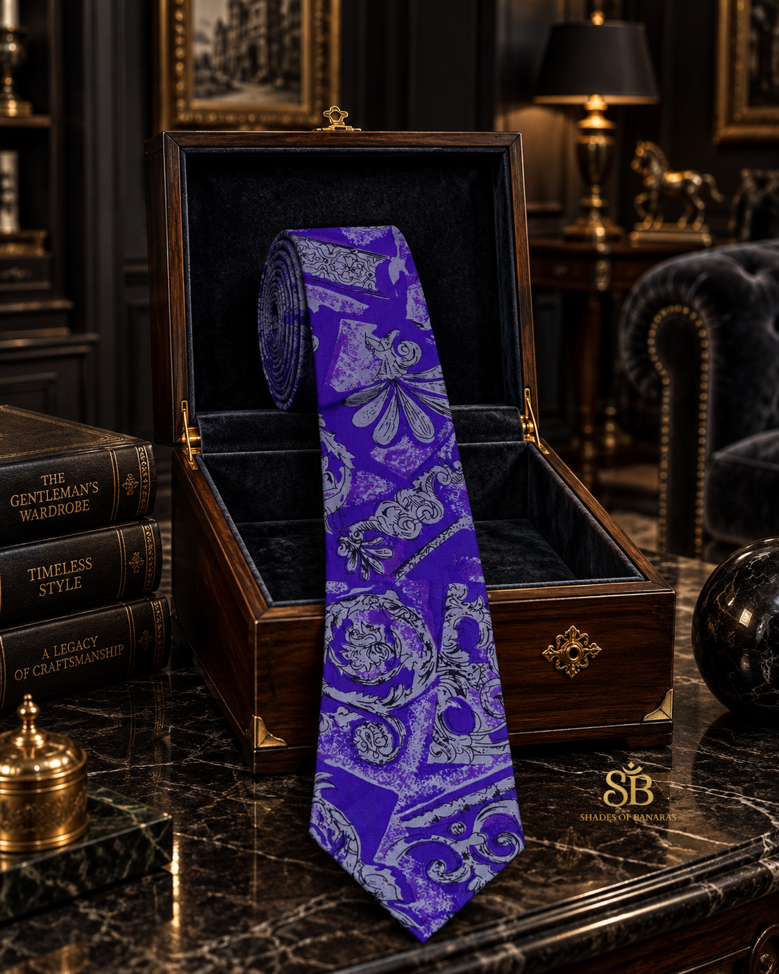Purple pure silk Banarasi handloom necktie with hand printed baroque scroll design - Shades of Banaras