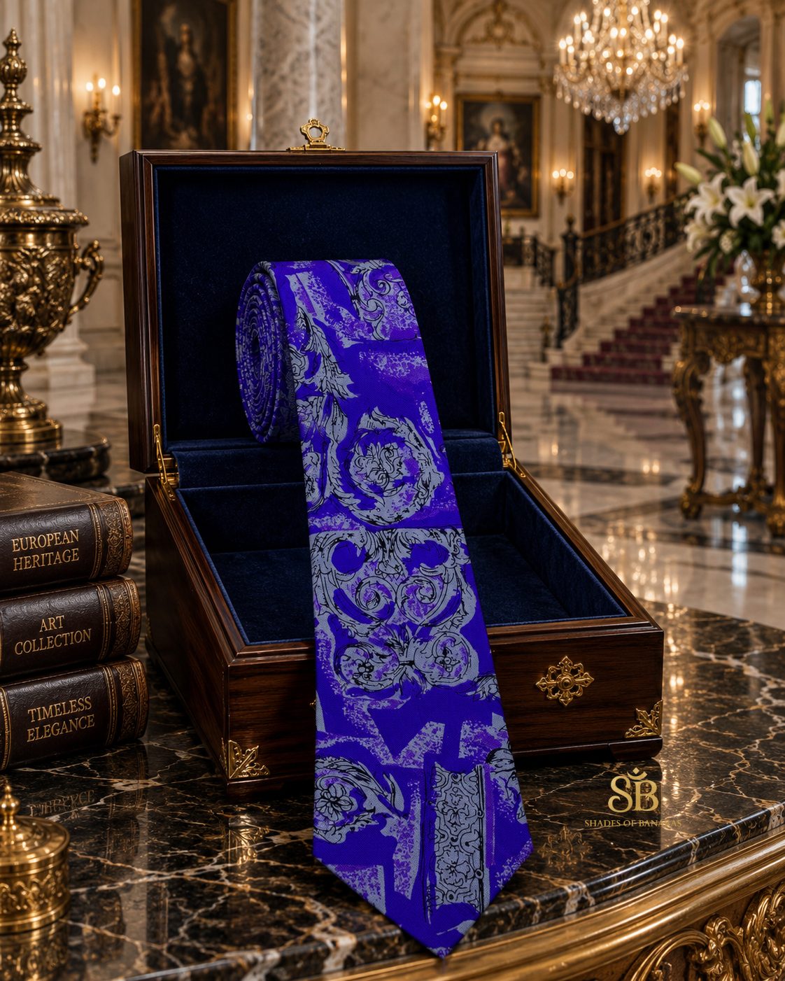 Purple pure silk Banarasi handloom necktie with hand printed baroque scroll design - Shades of Banaras