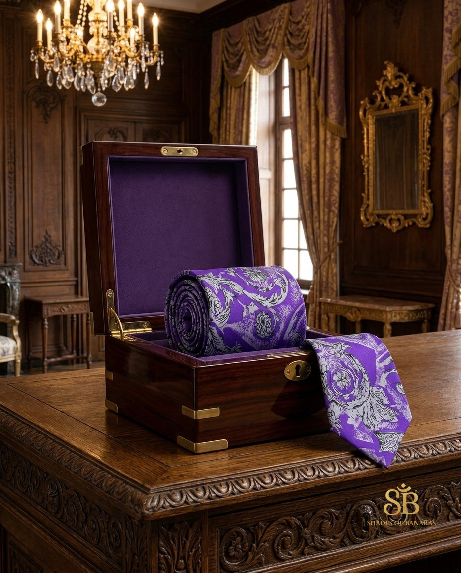 Purple pure silk Banarasi handloom necktie with hand printed baroque damask design - Shades of Banaras