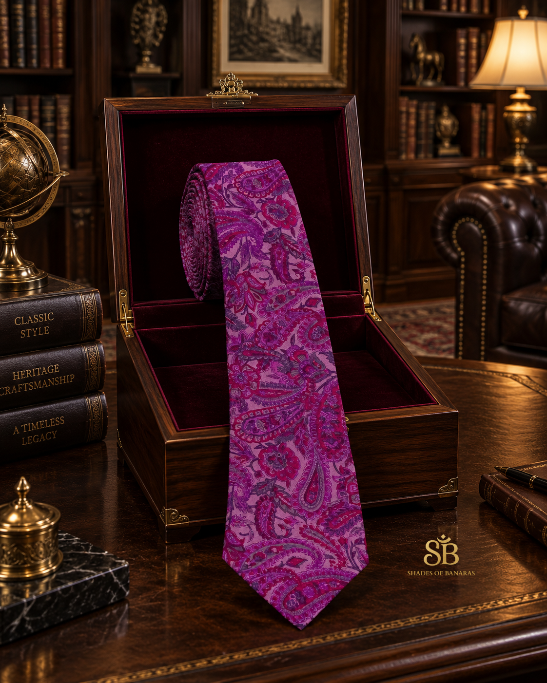 Purple pure silk Banarasi handloom necktie with hand printed paisley swirl design - Shades of Banaras