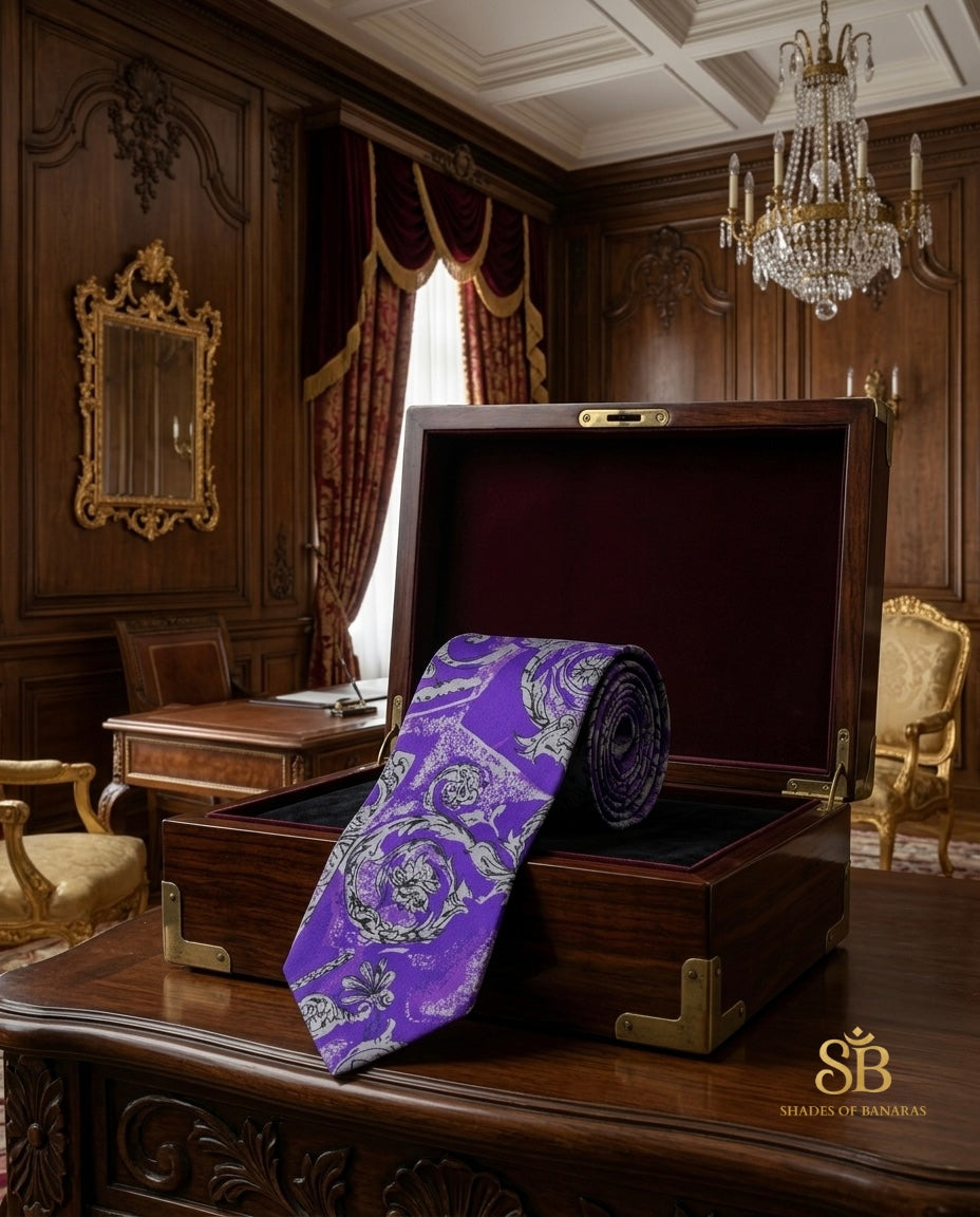 Purple pure silk Banarasi handloom necktie from Varanasi with hand printed ornamental scroll