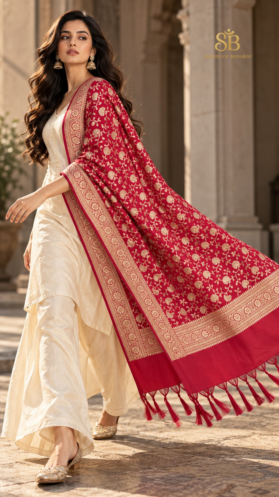 Raspberry rose pink katan soft silk Banarasi handloom dupatta with gold cutwork butis from Banaras, styled over a cream suit