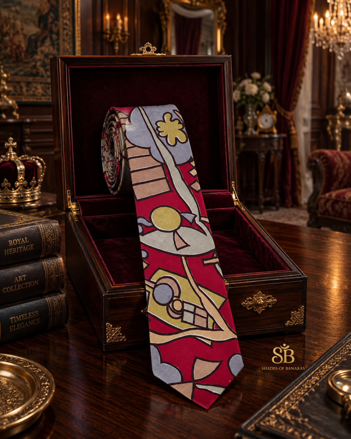 Red pure silk Banarasi handloom necktie with hand printed art deco design - Shades of Banaras